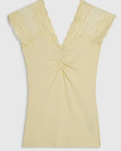 Yellow Short Sleeve Lace Trim Ruched Top
