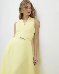 Yellow Sleeveless Belted Midi Dress