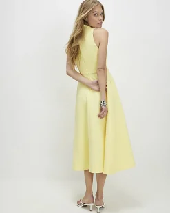 Yellow Sleeveless Belted Midi Dress