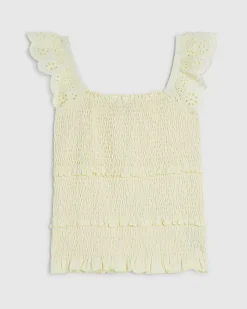 Yellow Sleeveless Shirred Broderie Top
