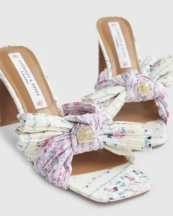 Yellow Twist Plisse Floral Heeled Mules